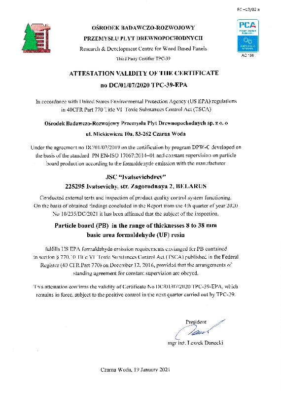 EPA Certificate 2021